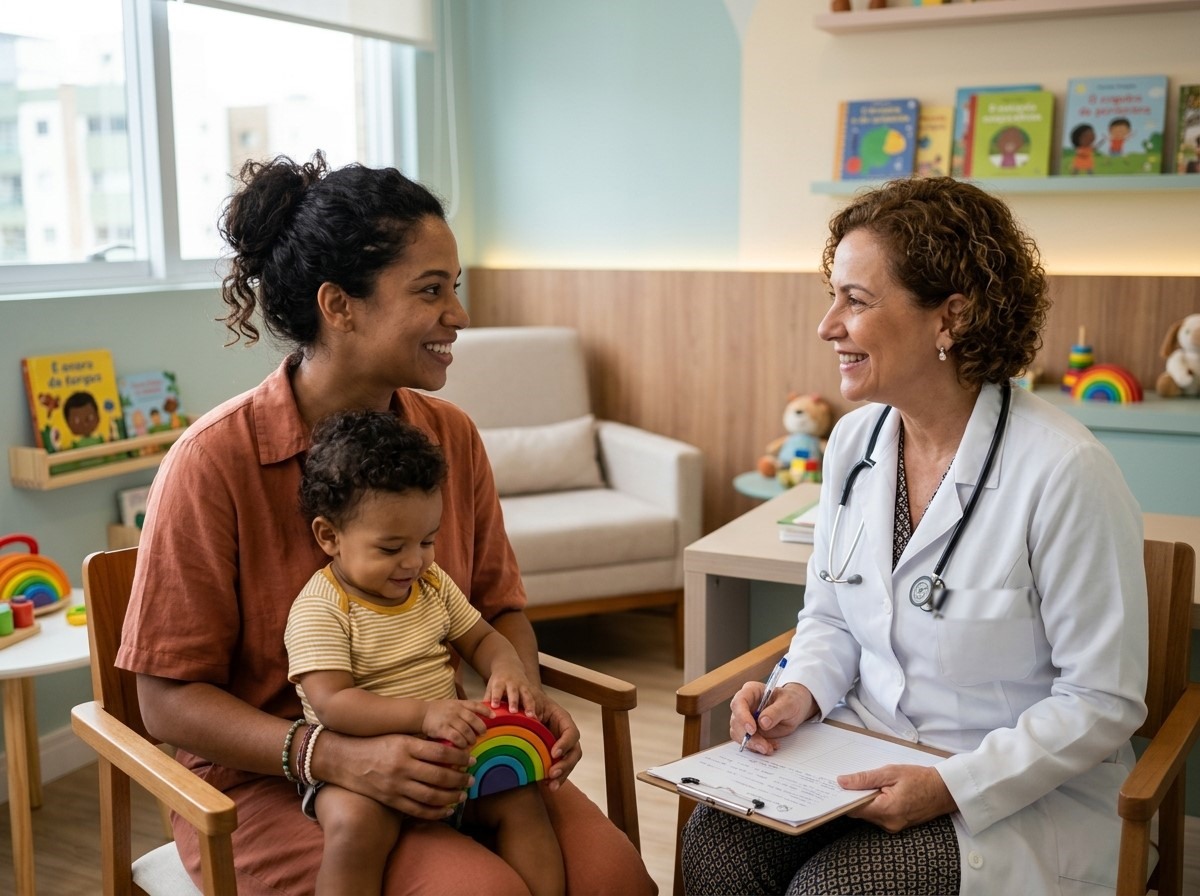 Mãe com o bebê no colo conversando com a pediatra em uma sala de consulta acolhedora